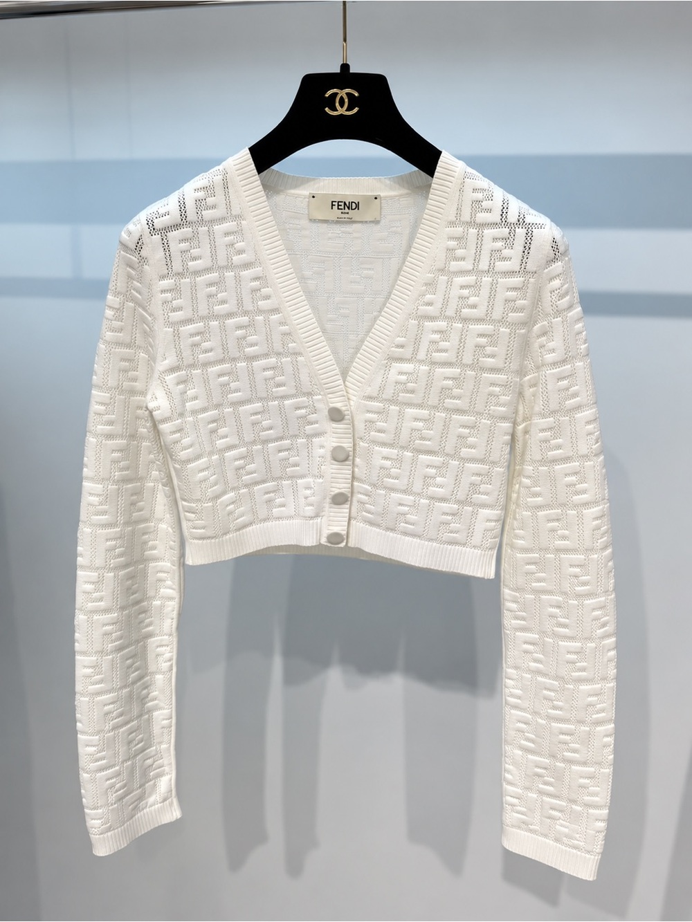 Fendi White Embossed FF Cropped Cardigan